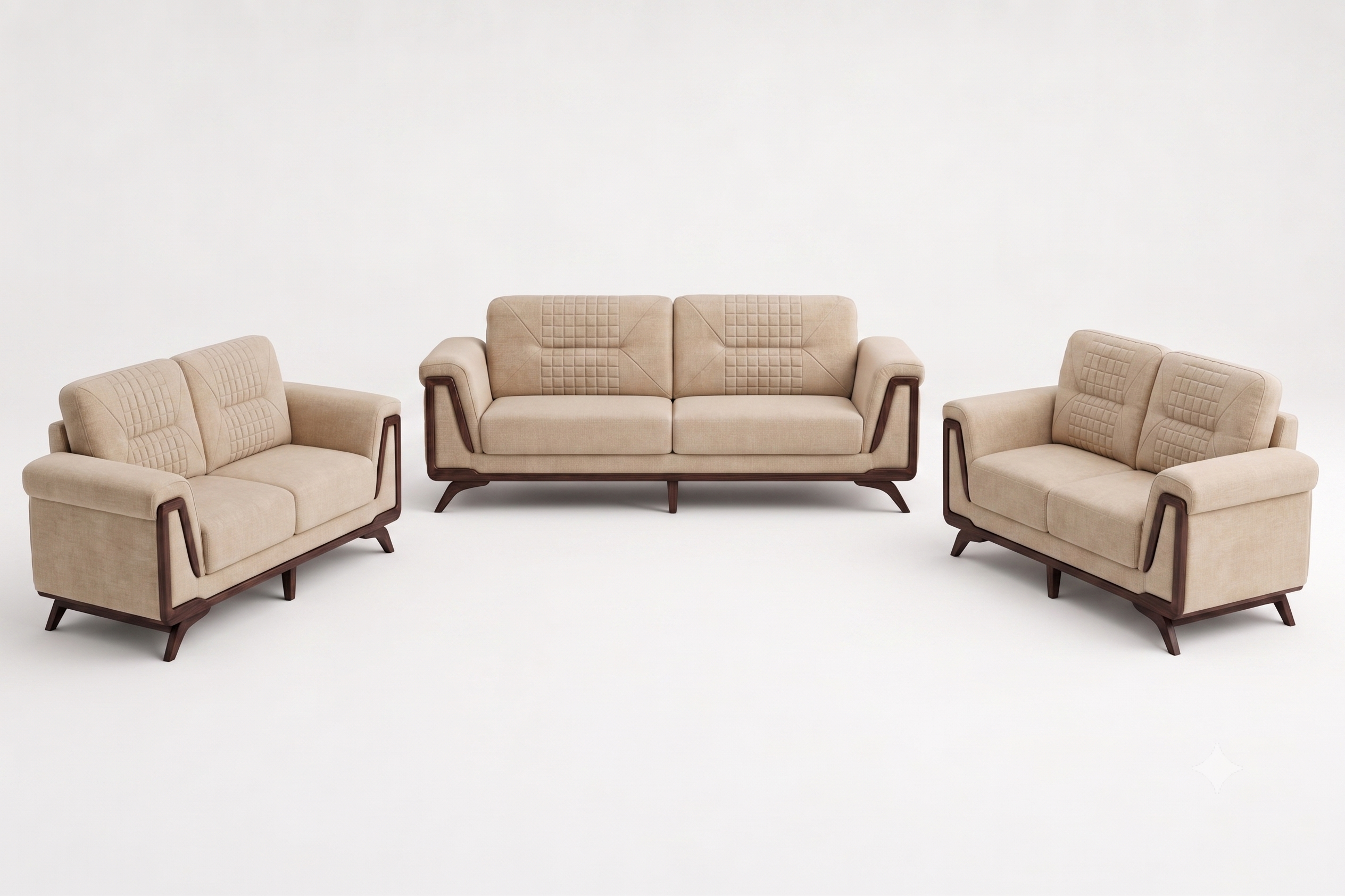 Tan Diamond-Stitched Sofa with Angled Wood Legs