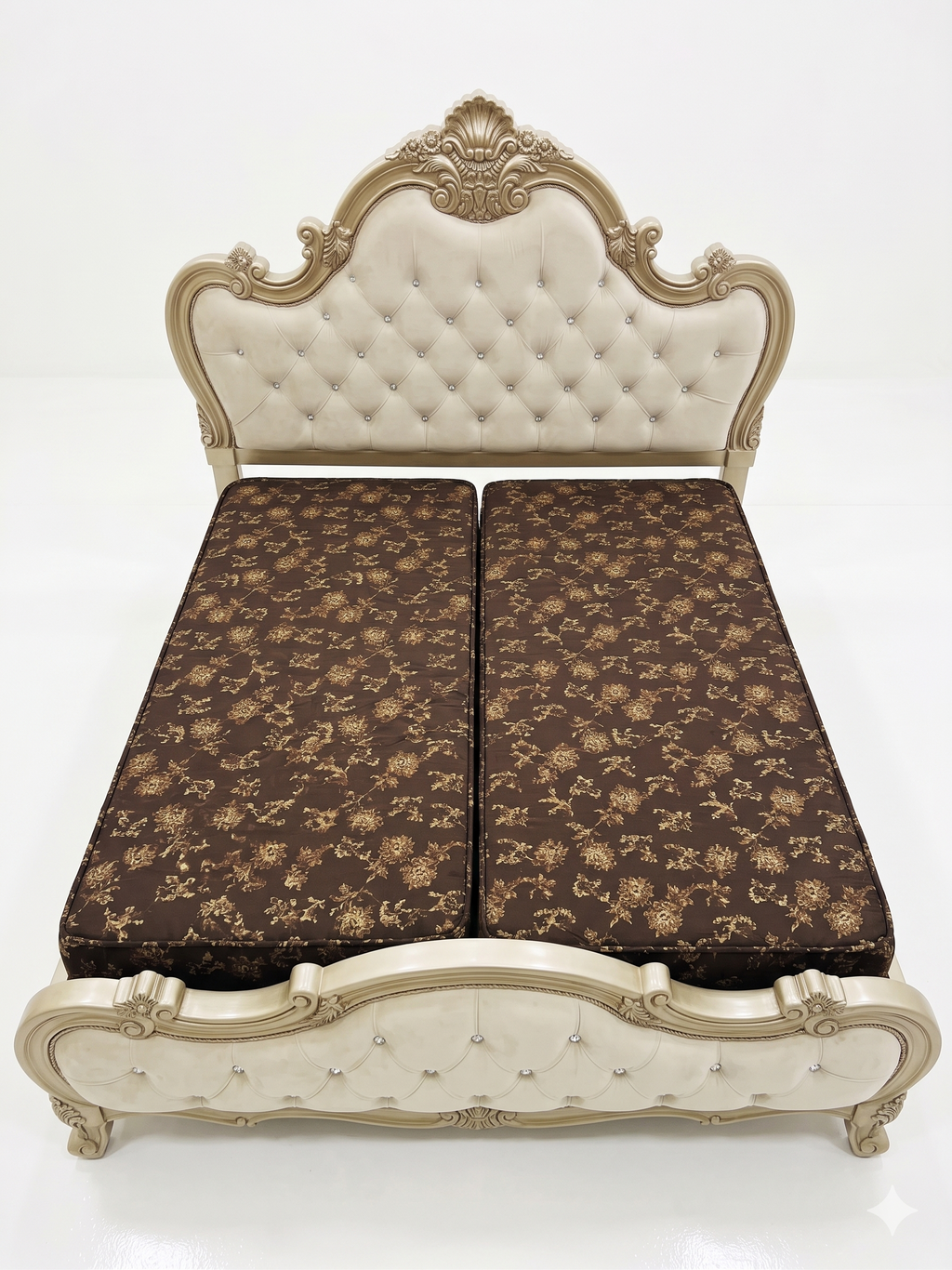 Luxury Ornate Gold Carved Button-Tufted Upholstered Bed