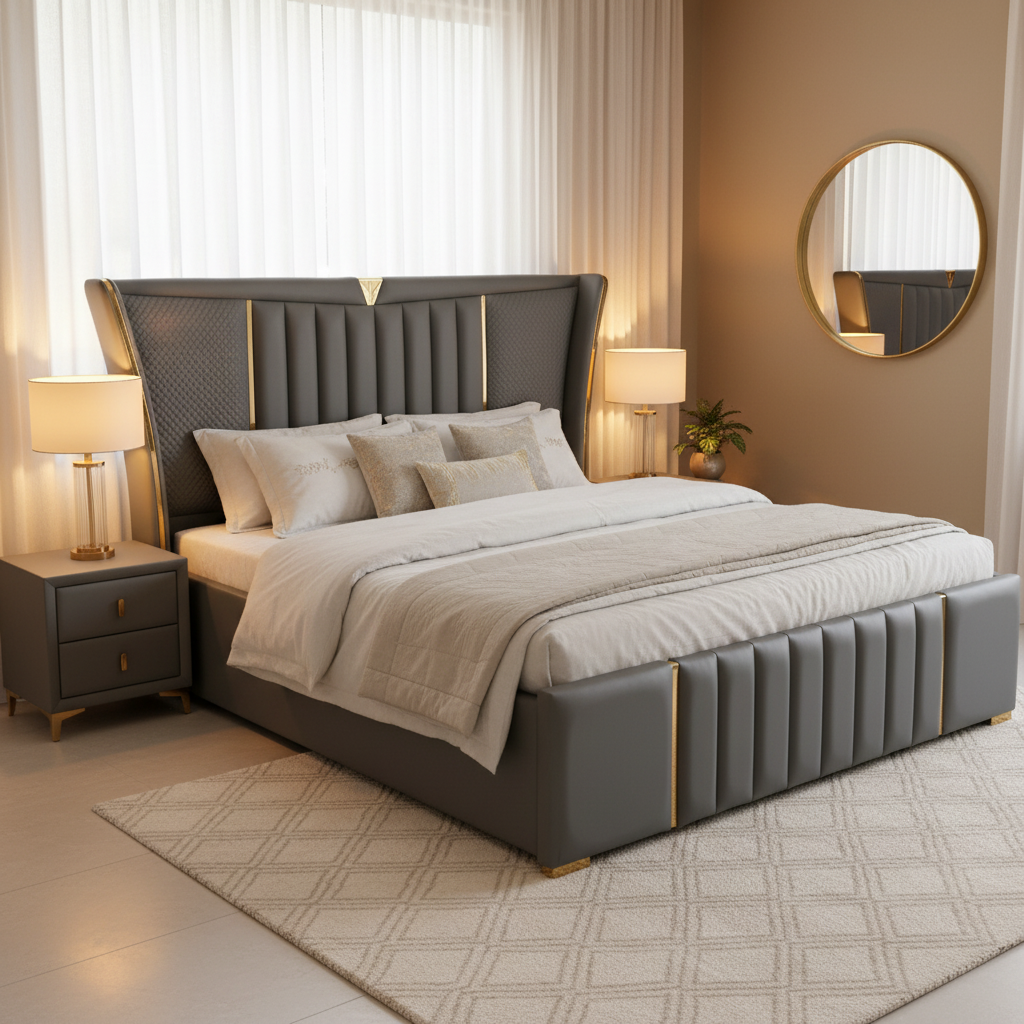 Grey Channel-Tufted Bed with Gold Trim and Nightstands - image 1