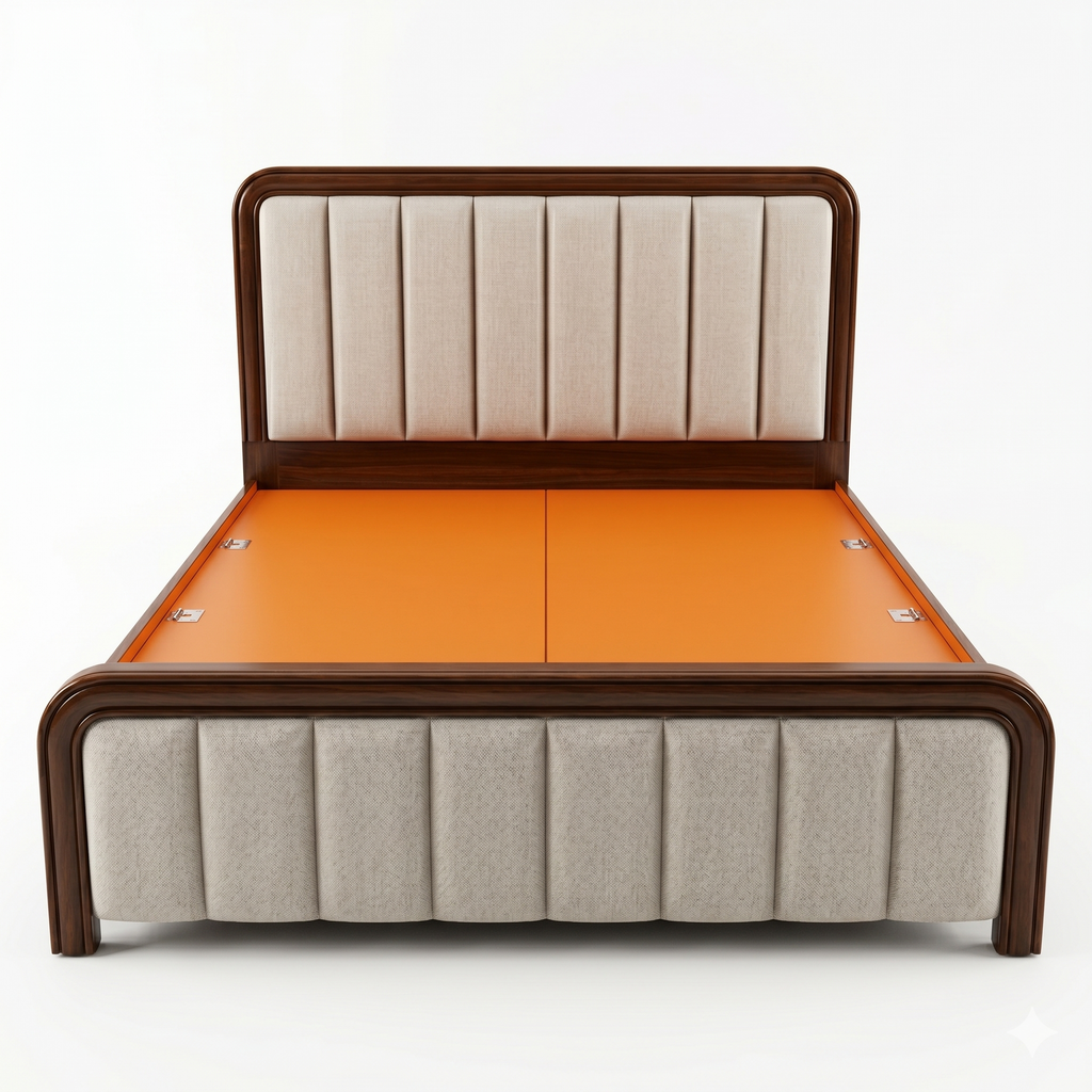 Dark Wood Channel-Tufted Beige Padded Bed - image 1