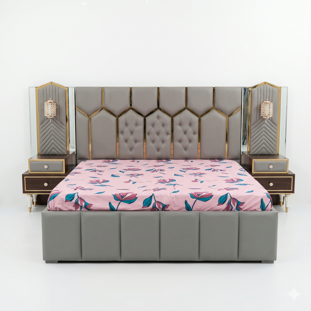 Grey Fan-Paneled Bed with Built-In Gloss Nightstands - image 1
