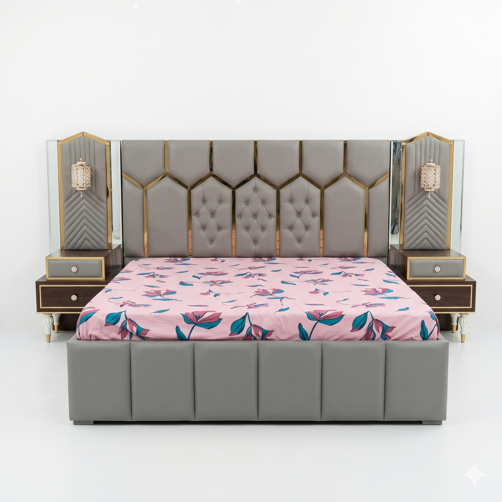 Grey Fan-Paneled Bed with Built-In Gloss Nightstands - image 1