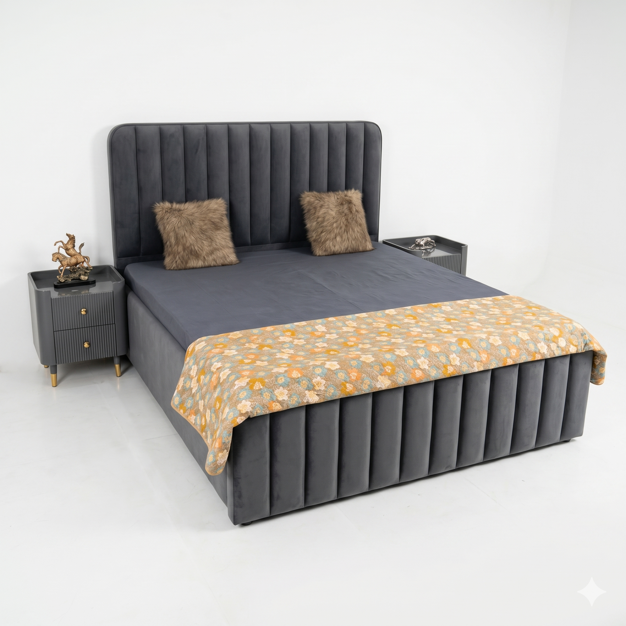 Charcoal Grey Channel-Tufted Bed with Nightstand - image 1