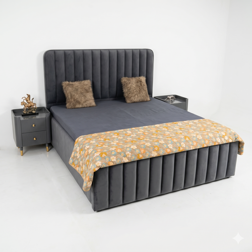 Charcoal Grey Channel-Tufted Bed with Nightstand - image 1