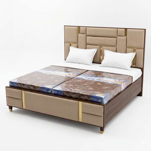 Beige Geometric Panel Bed with Gold Trim Accent - image 1