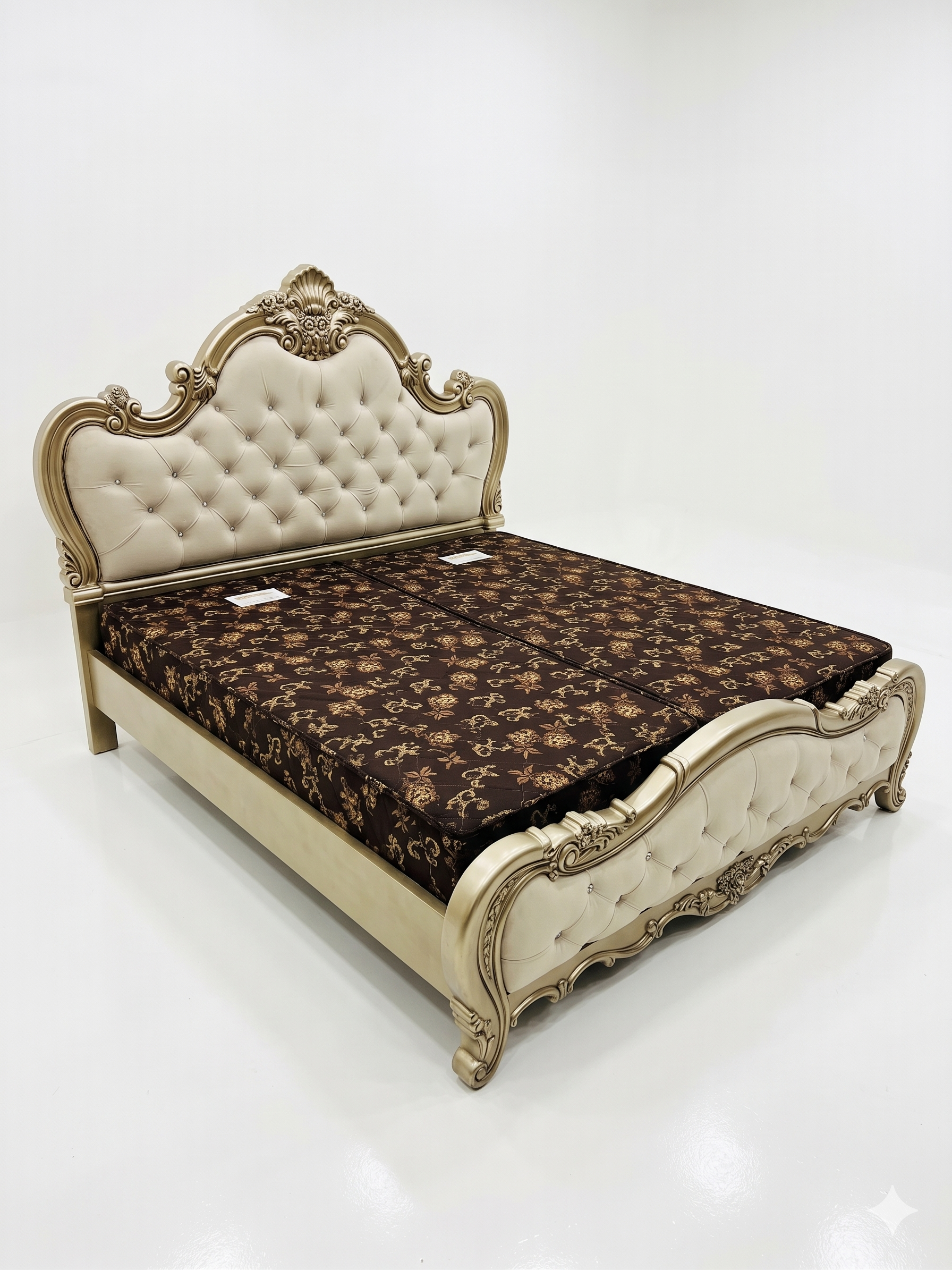 Luxury Ornate Gold Carved Button-Tufted Upholstered Bed