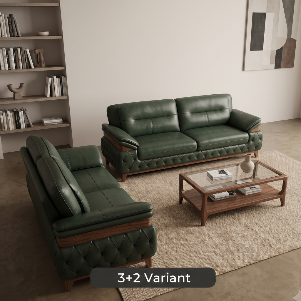 Dark Green Leather Classic Recliner-Style Sofa