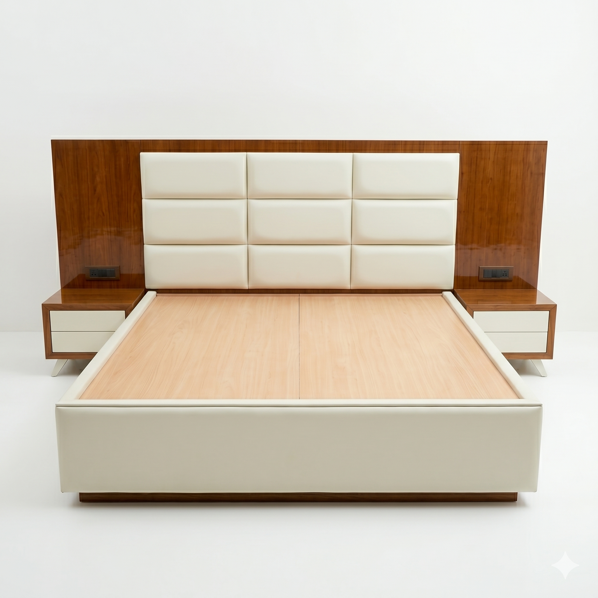Ivory Tufted Square-Panel Bed with Wood Nightstands - image 1