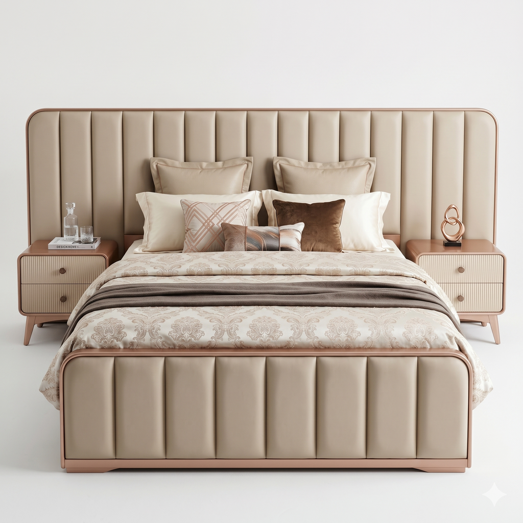 Beige Channel-Tufted Upholstered Platform Bed - image 1