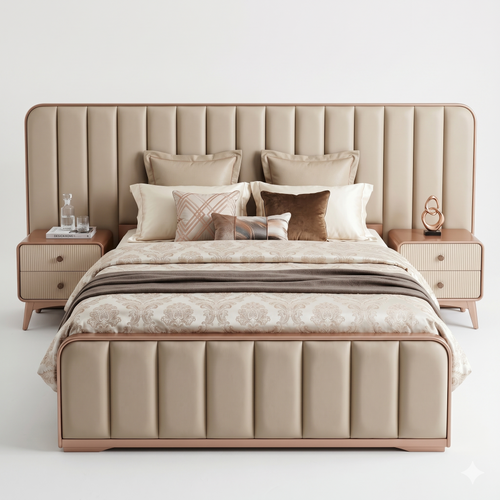 Beige Channel-Tufted Upholstered Platform Bed - image 1