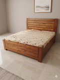 Beige Patterned Fabric Headboard Wooden Bed - image 1
