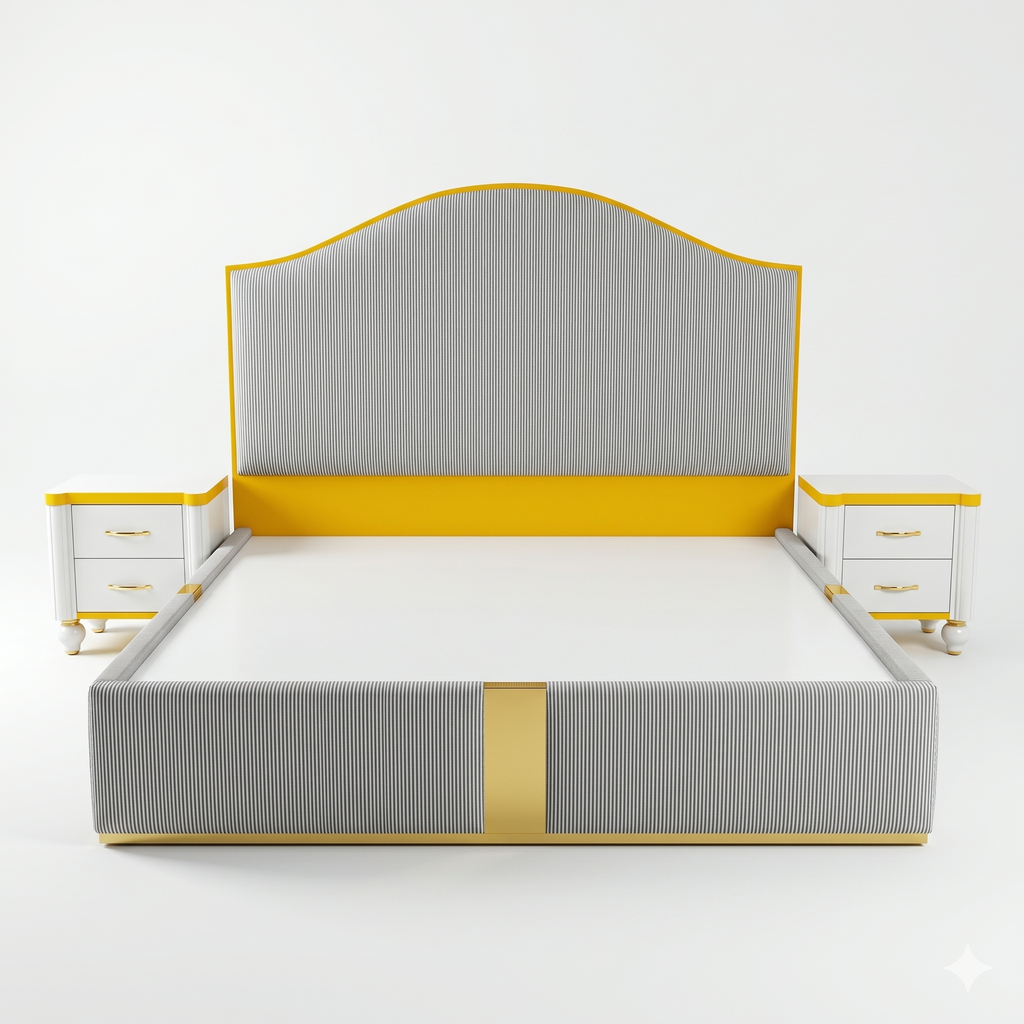 Chevron Stripe Curved Bed with Gold Trim Nightstands - image 1