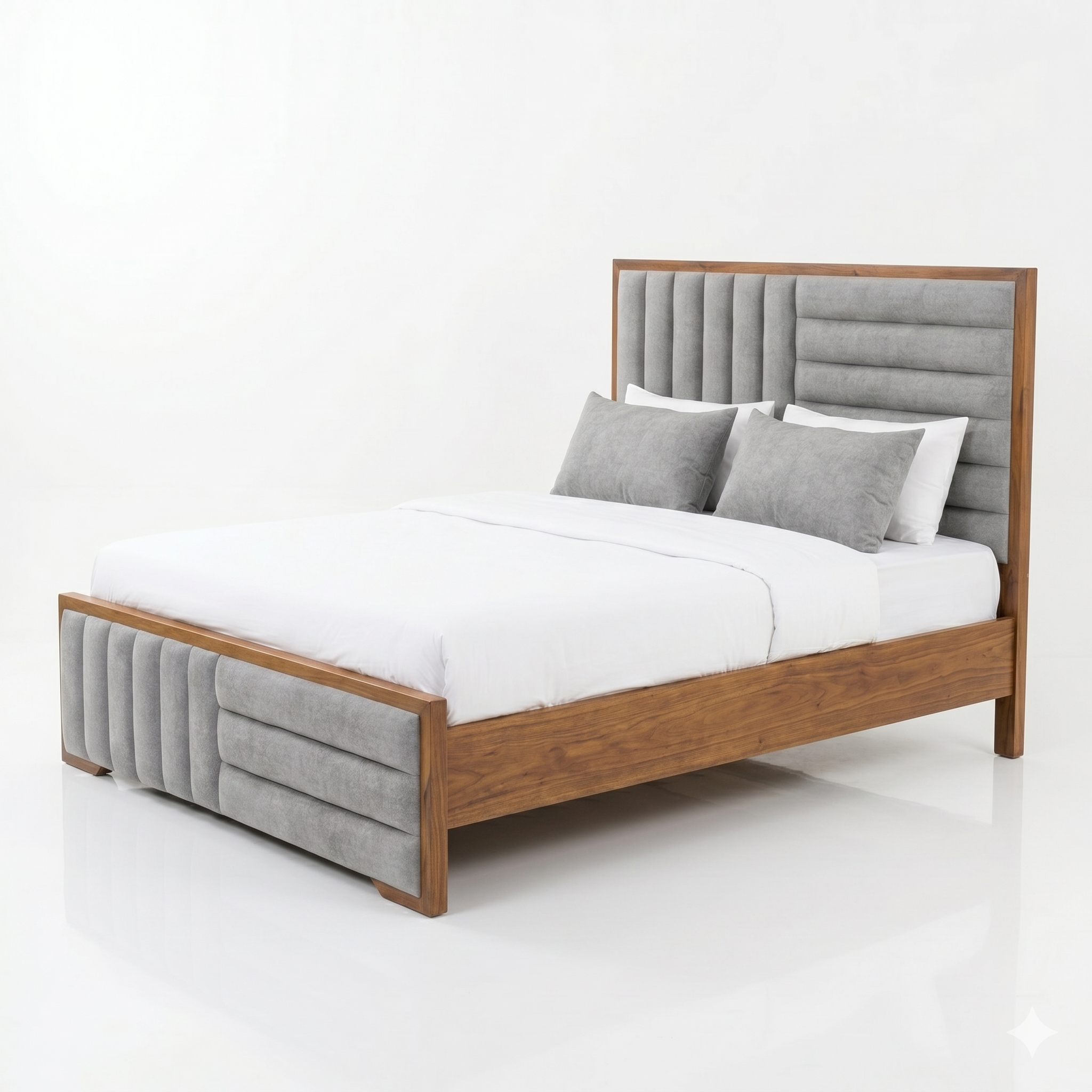 Light Wood Channel-Tufted Grey Platform Bed - image 1