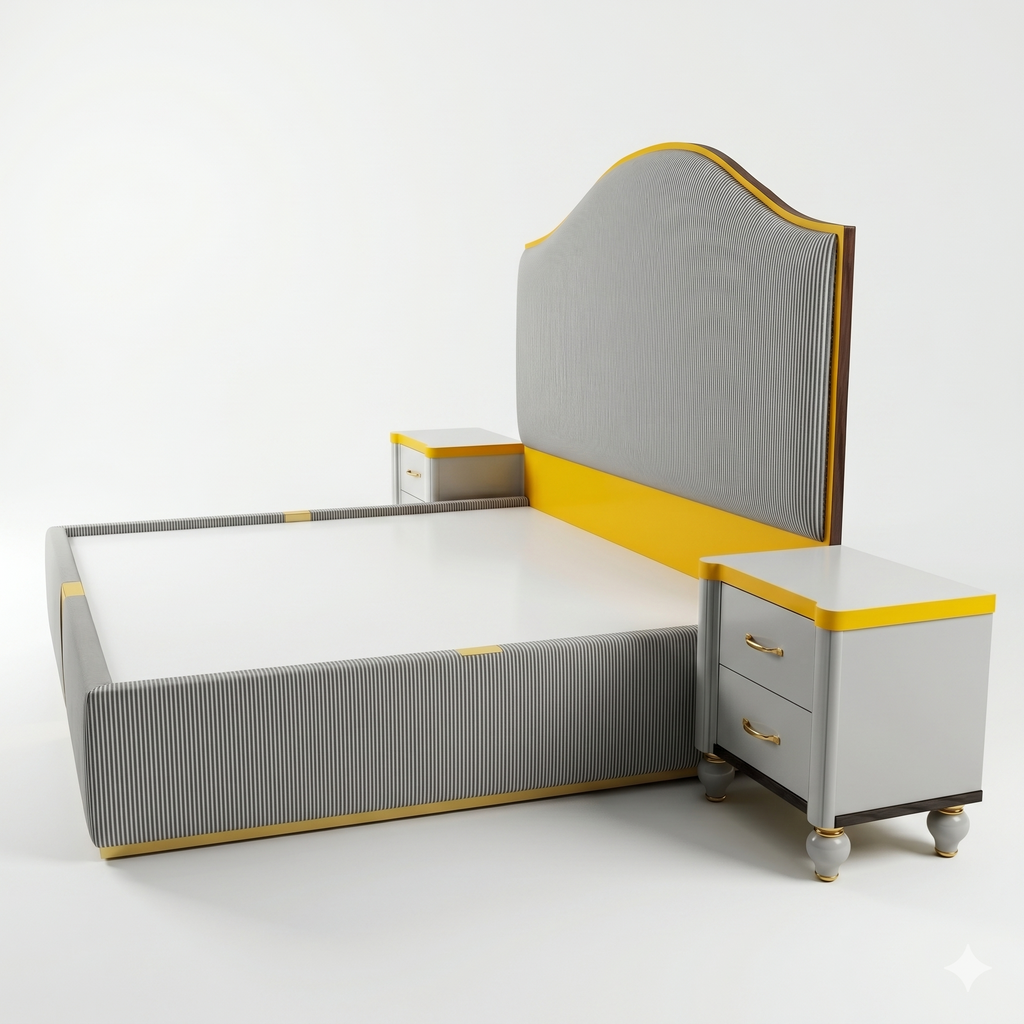 Chevron Stripe Curved Bed with Gold Trim Nightstands - image 2