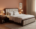 Dark Wood Channel-Tufted Beige Padded Bed - image 1