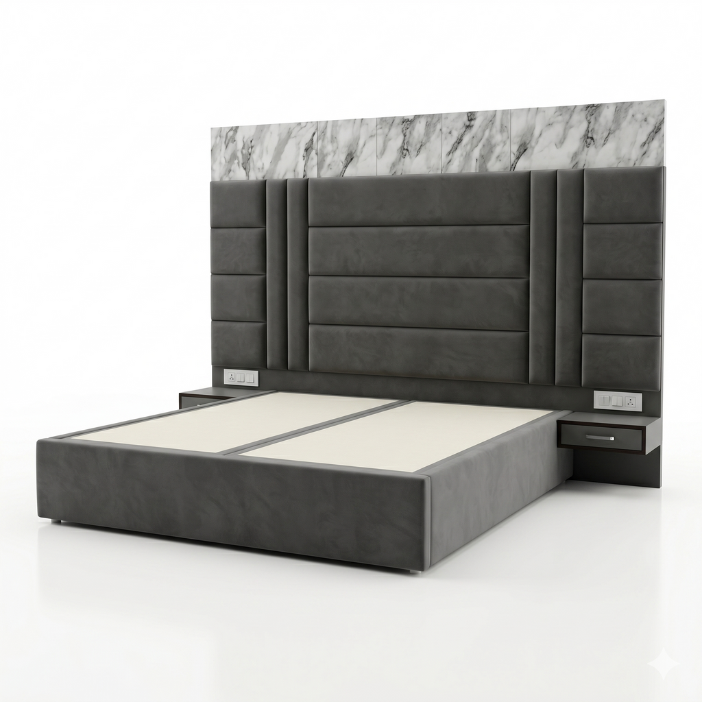 Charcoal Marble-Pattern Channel-Tufted Bed with Nightstand - image 1