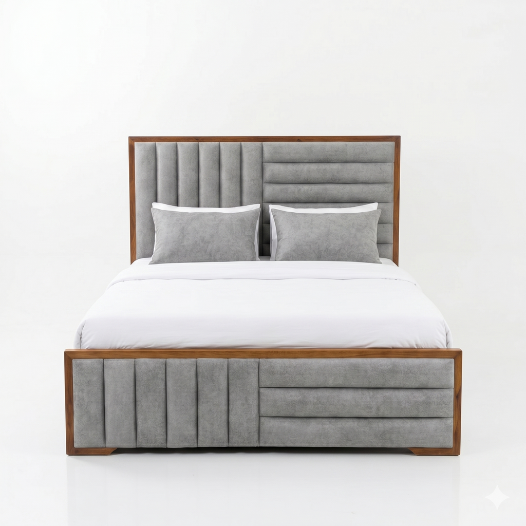 Light Wood Channel-Tufted Grey Platform Bed - image 2