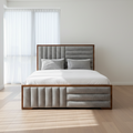 Light Wood Channel-Tufted Grey Platform Bed - image 1