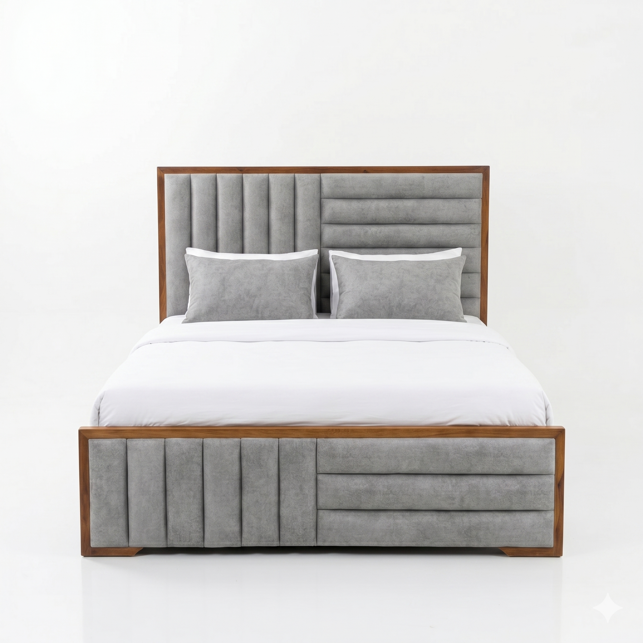 Light Wood Channel-Tufted Grey Platform Bed - image 2