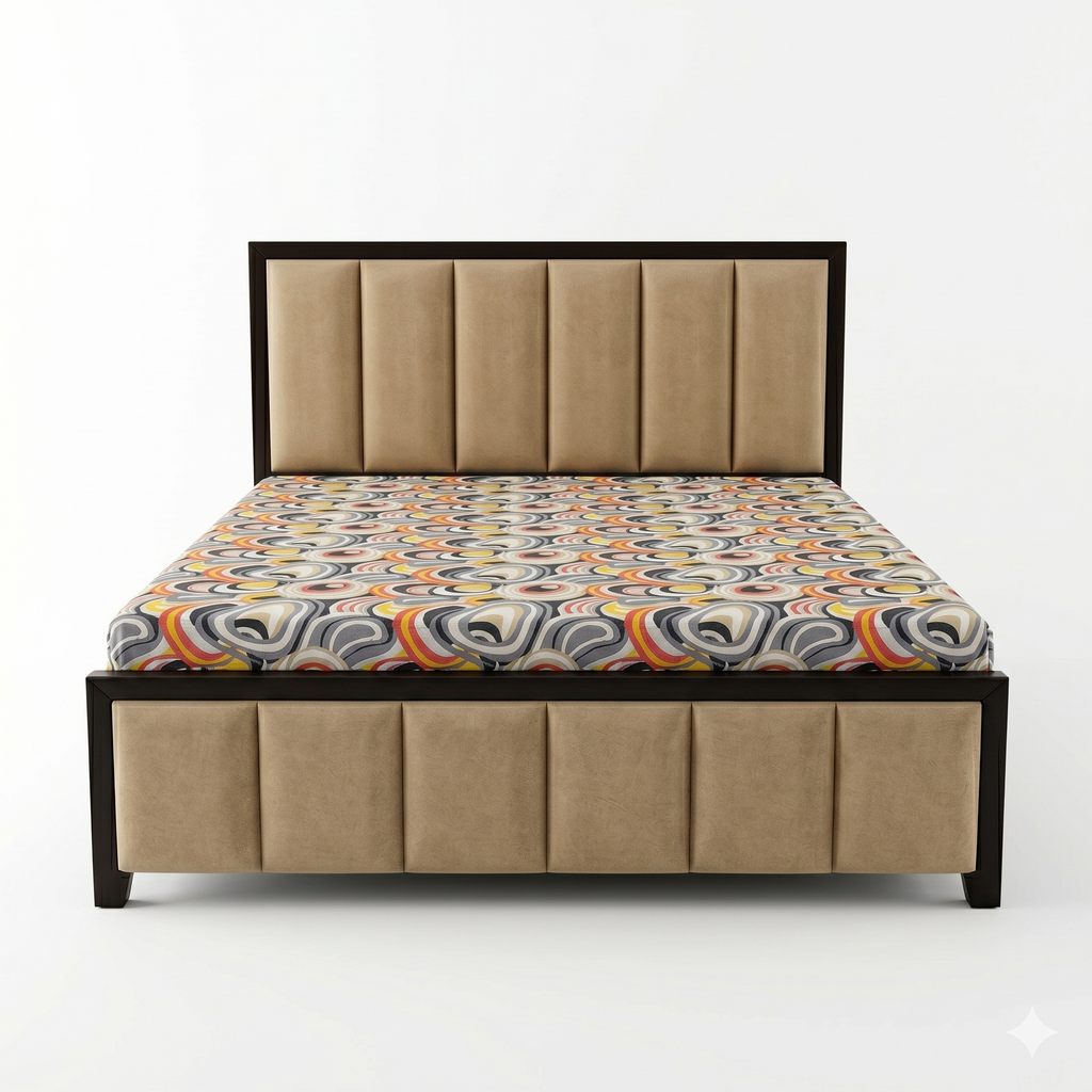 Beige Linen Channel-Tufted Bed with Wood Trim - image 1