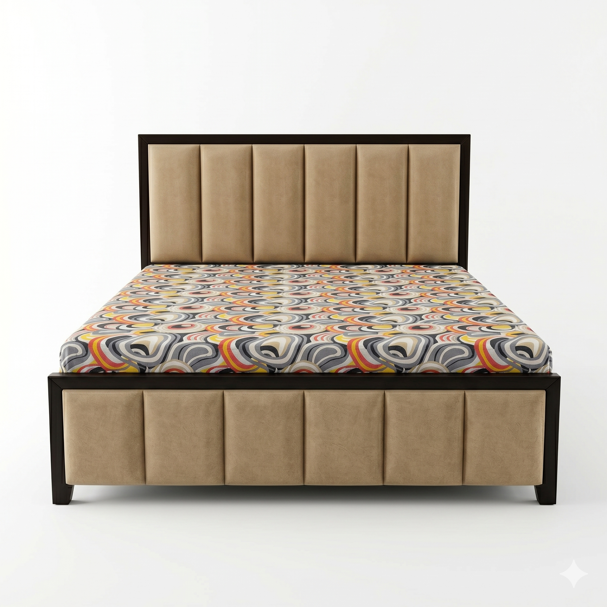 Beige Linen Channel-Tufted Bed with Wood Trim - image 1