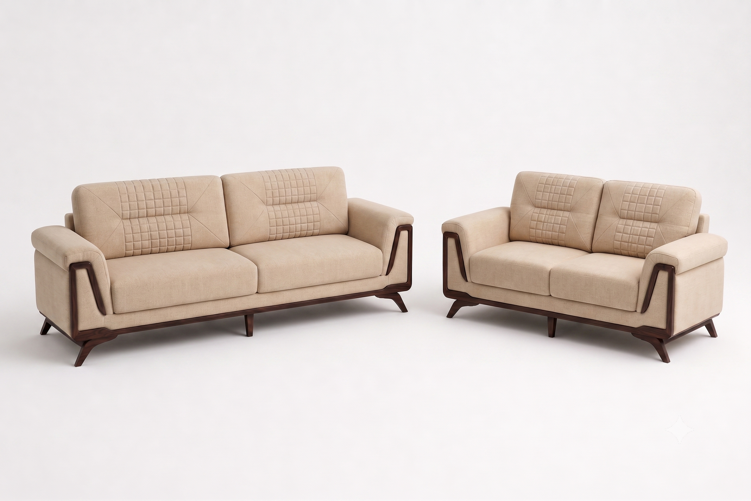 Tan Diamond-Stitched Sofa with Angled Wood Legs