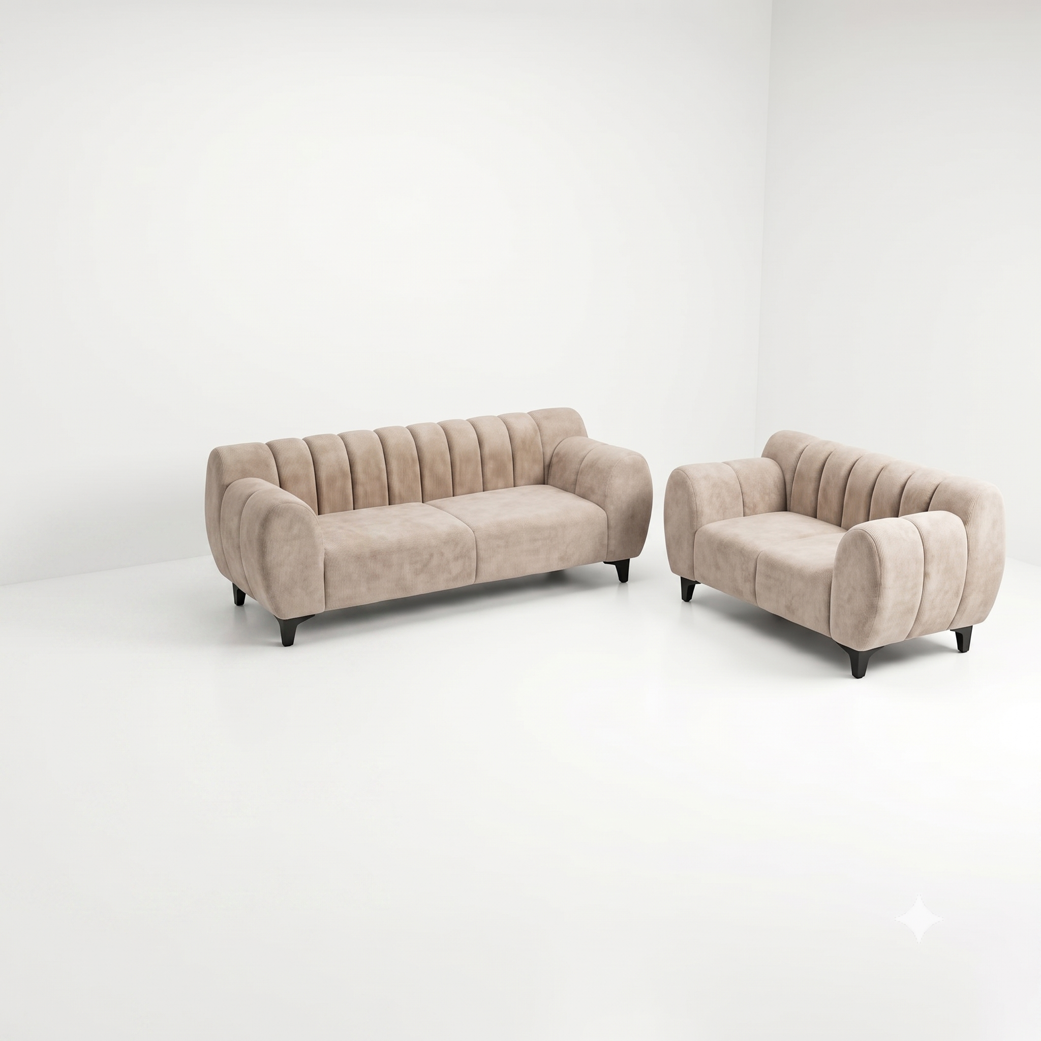Beige Channel-Tufted Curved Loveseat