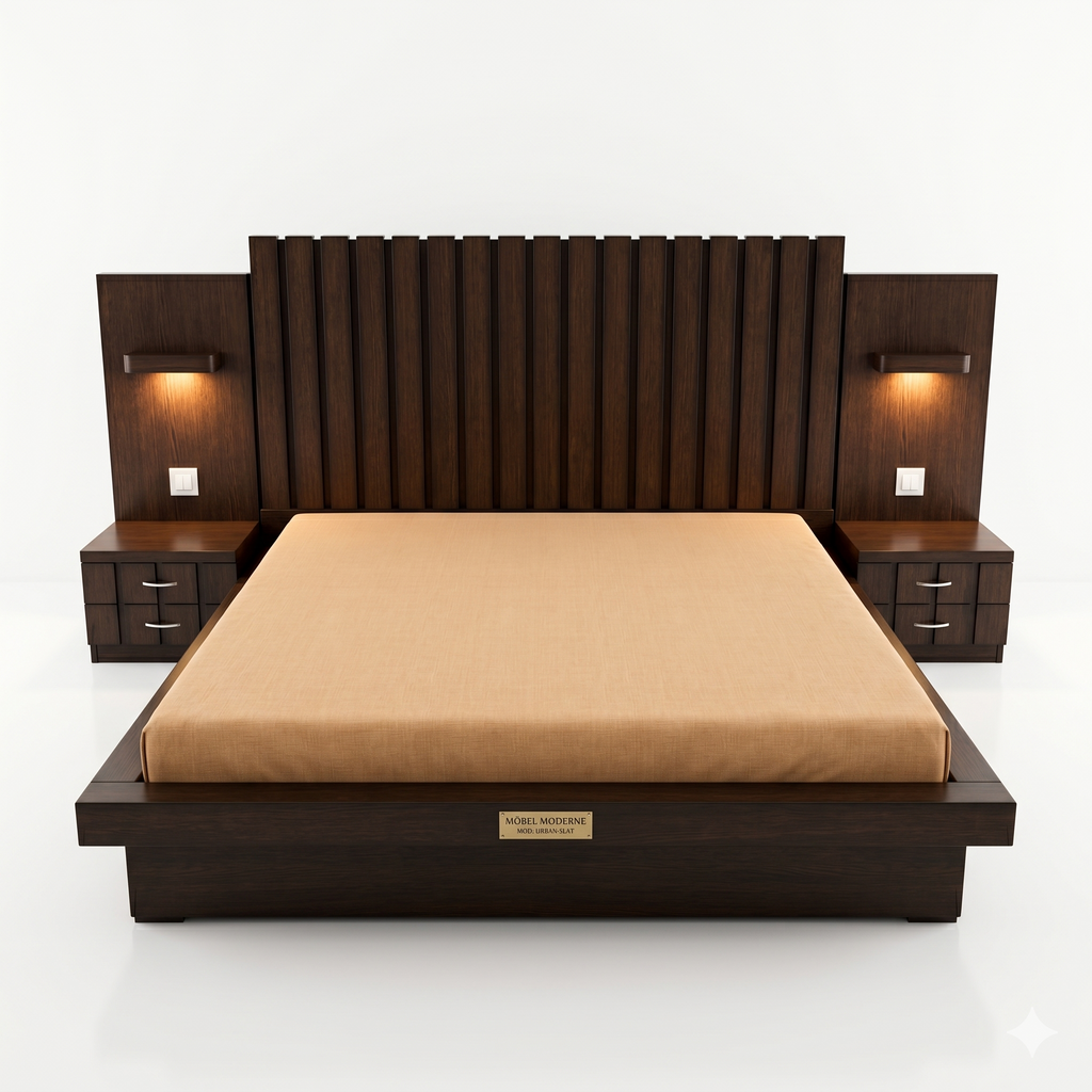 Dark Wood Paneled Bed with Lit Nightstands - image 2