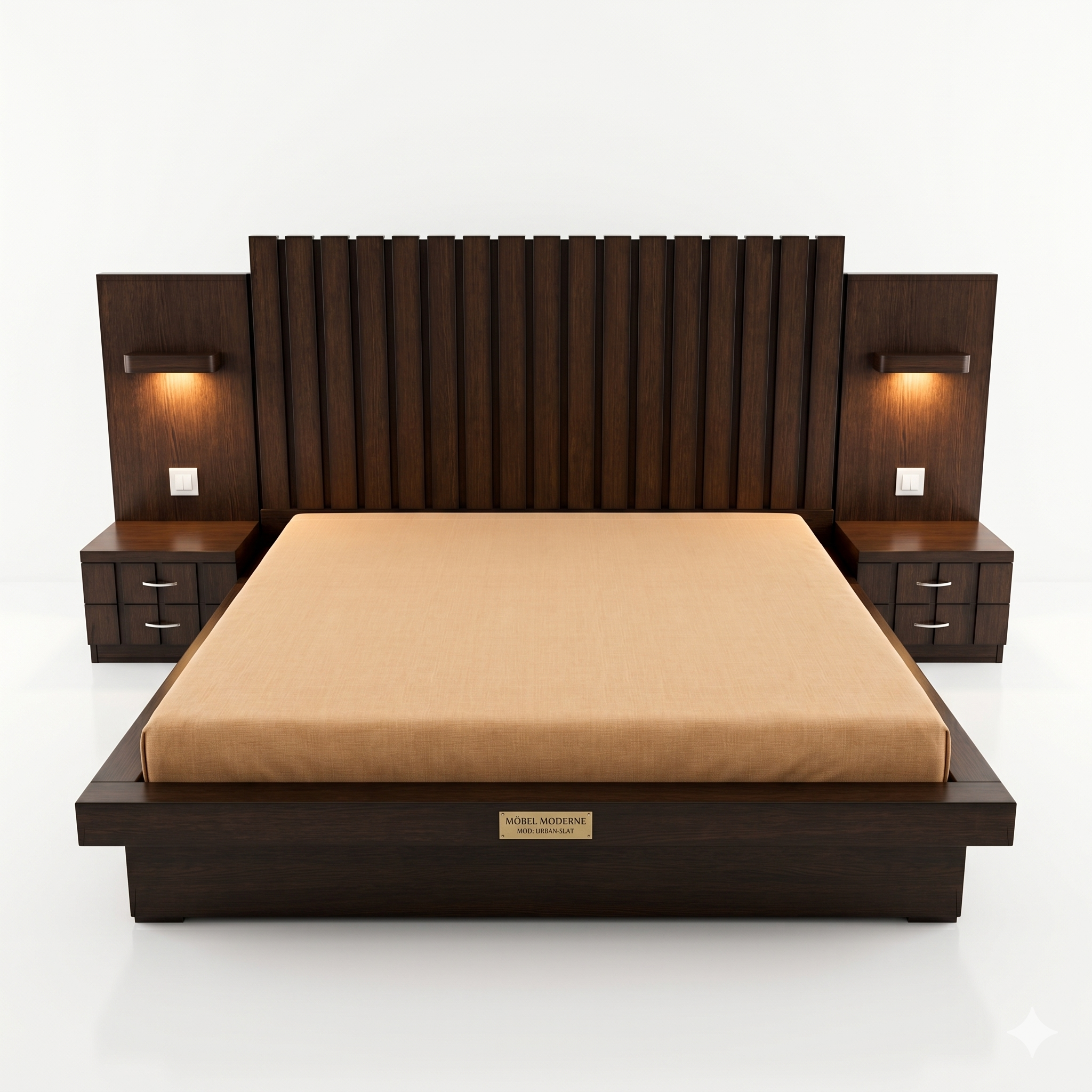 Dark Wood Paneled Bed with Lit Nightstands - image 2