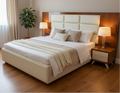 Ivory Tufted Square-Panel Bed with Wood Nightstands - image 1