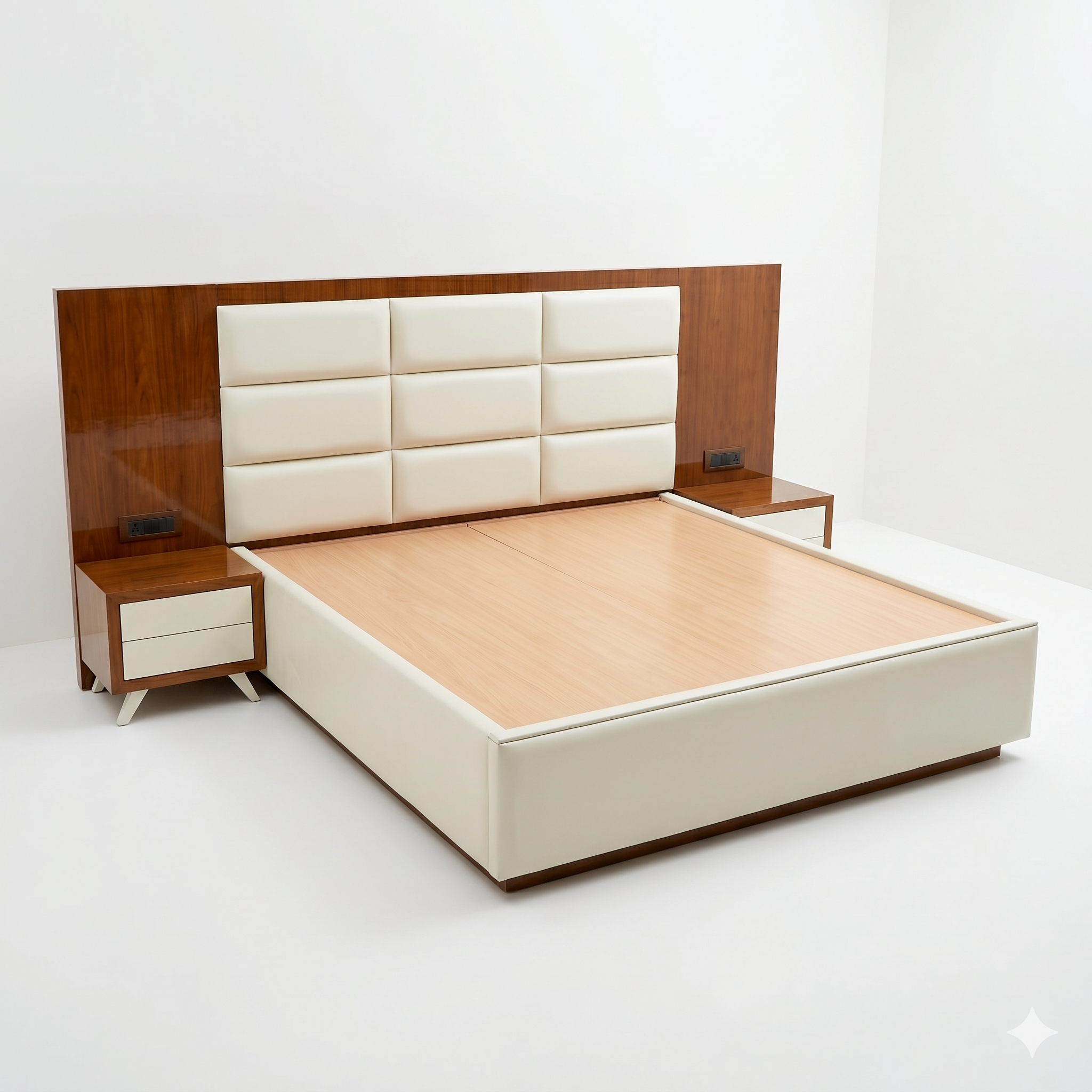 Ivory Tufted Square-Panel Bed with Wood Nightstands - image 2