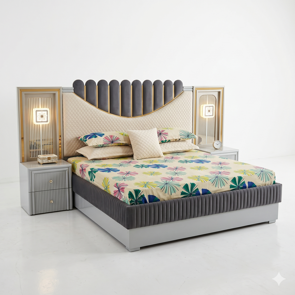 Scalloped Beige Channel-Tufted Bed with Lit Nightstands - image 2