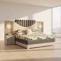 Scalloped Beige Channel-Tufted Bed with Lit Nightstands - image 1