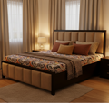 Beige Linen Channel-Tufted Bed with Wood Trim - image 1