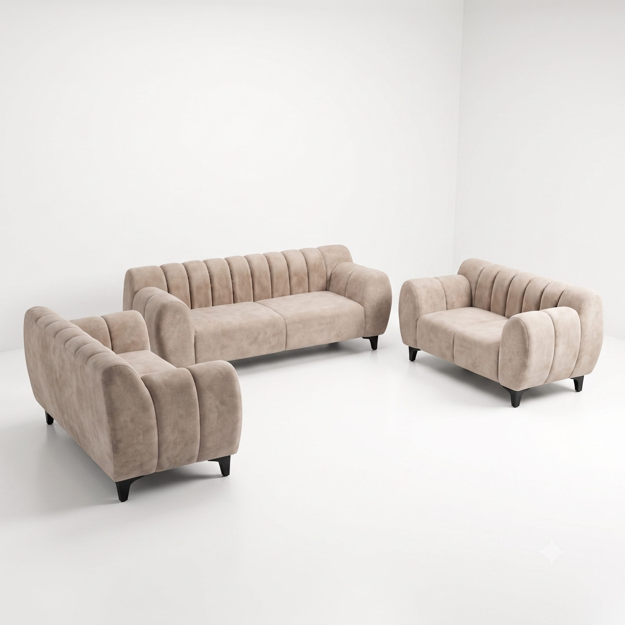 Beige Channel-Tufted Curved Loveseat
