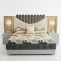 Scalloped Beige Channel-Tufted Bed with Lit Nightstands - image 1