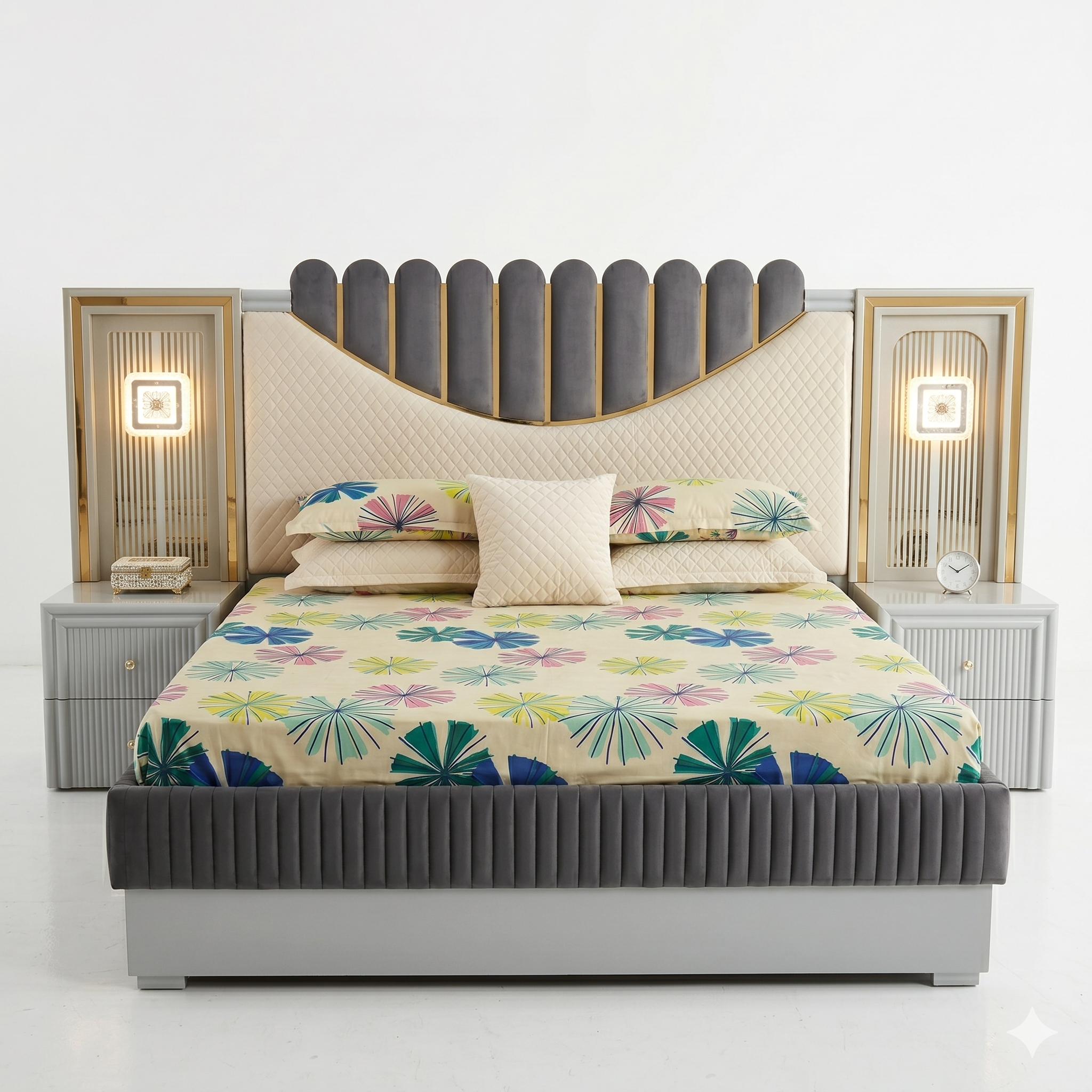 Scalloped Beige Channel-Tufted Bed with Lit Nightstands - image 1