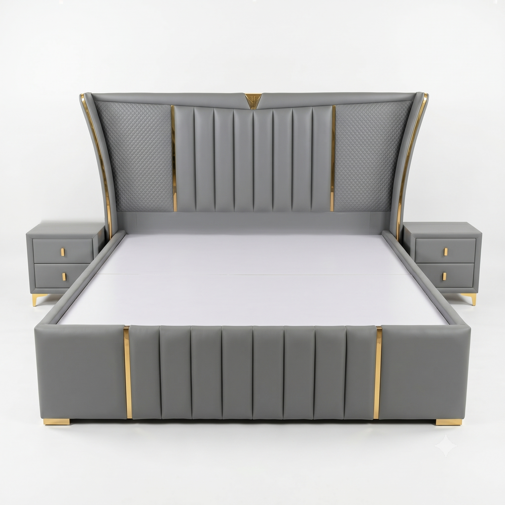 Grey Channel-Tufted Bed with Gold Trim and Nightstands - image 1