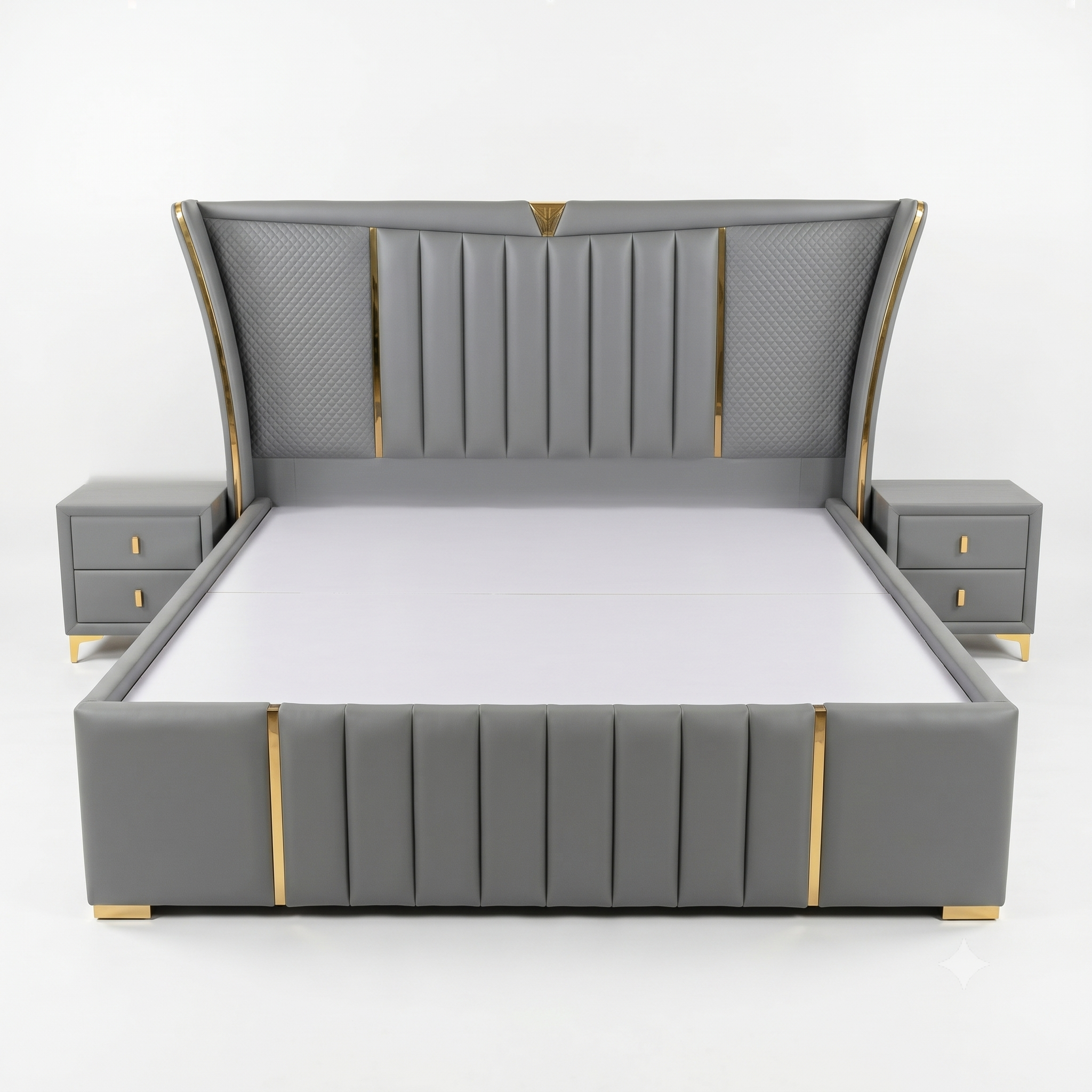 Grey Channel-Tufted Bed with Gold Trim and Nightstands - image 1
