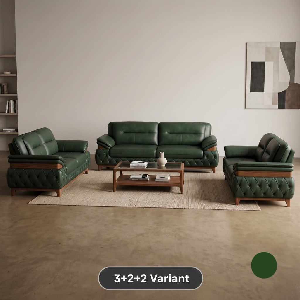Dark Green Leather Classic Recliner-Style Sofa