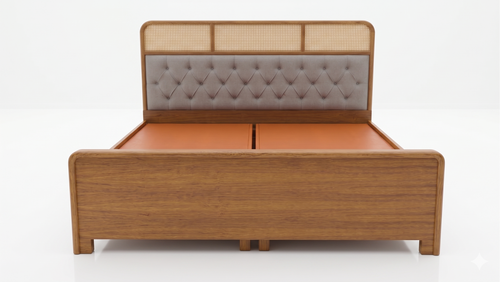 Cane Lattice and Tufted Panel Wooden Bed - image 2