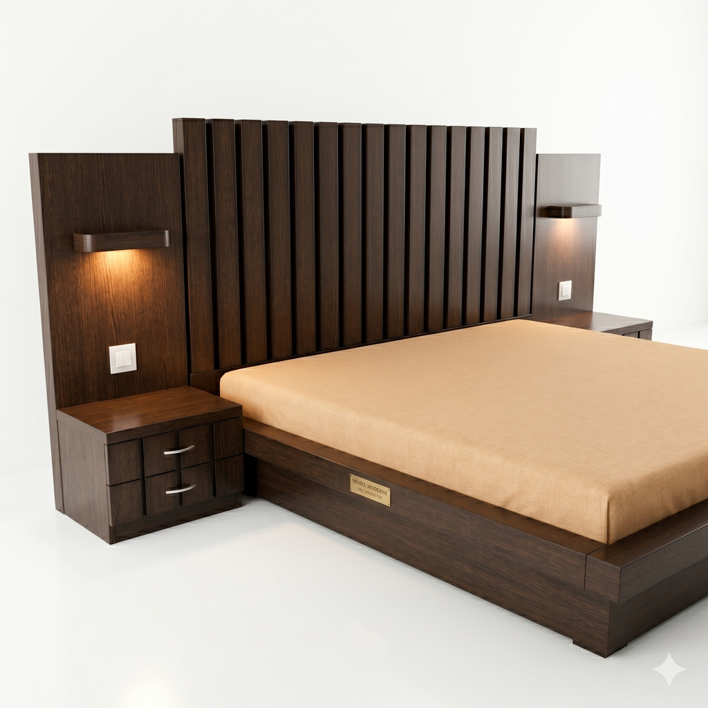 Dark Wood Paneled Bed with Lit Nightstands - image 1