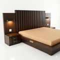 Dark Wood Paneled Bed with Lit Nightstands - image 1
