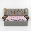 Grey Fan-Paneled Bed with Built-In Gloss Nightstands - image 1