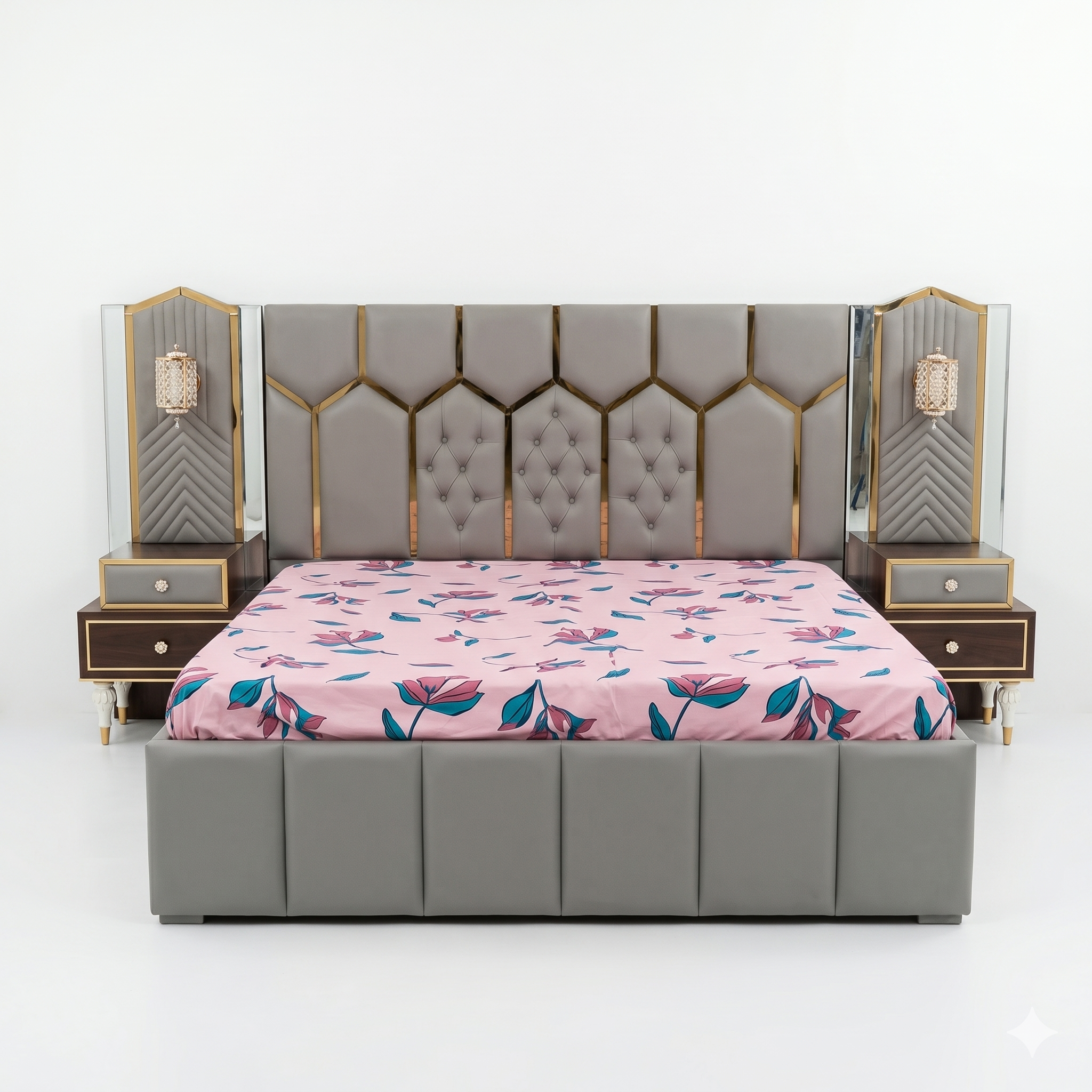 Grey Fan-Paneled Bed with Built-In Gloss Nightstands - image 2