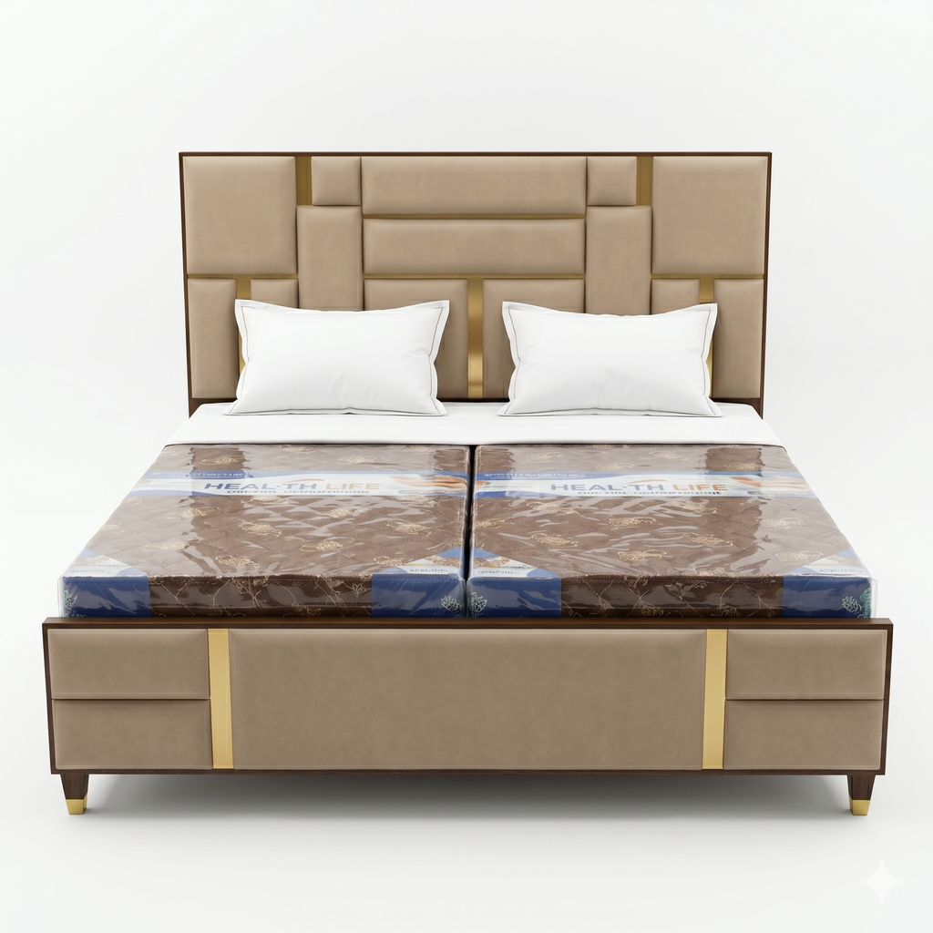 Beige Geometric Panel Bed with Gold Trim Accent - image 2