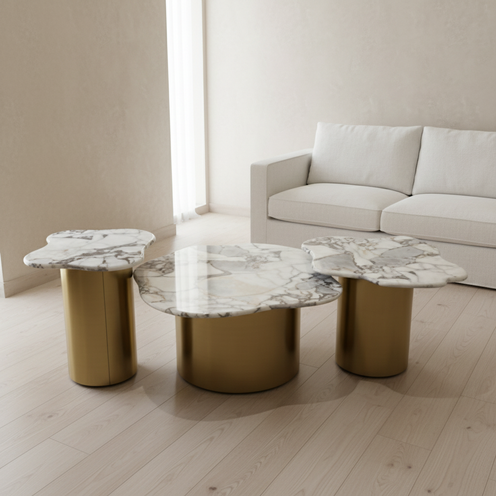 Round Marble-Top Coffee Table with Chrome Base – Model KD-689 - image 1