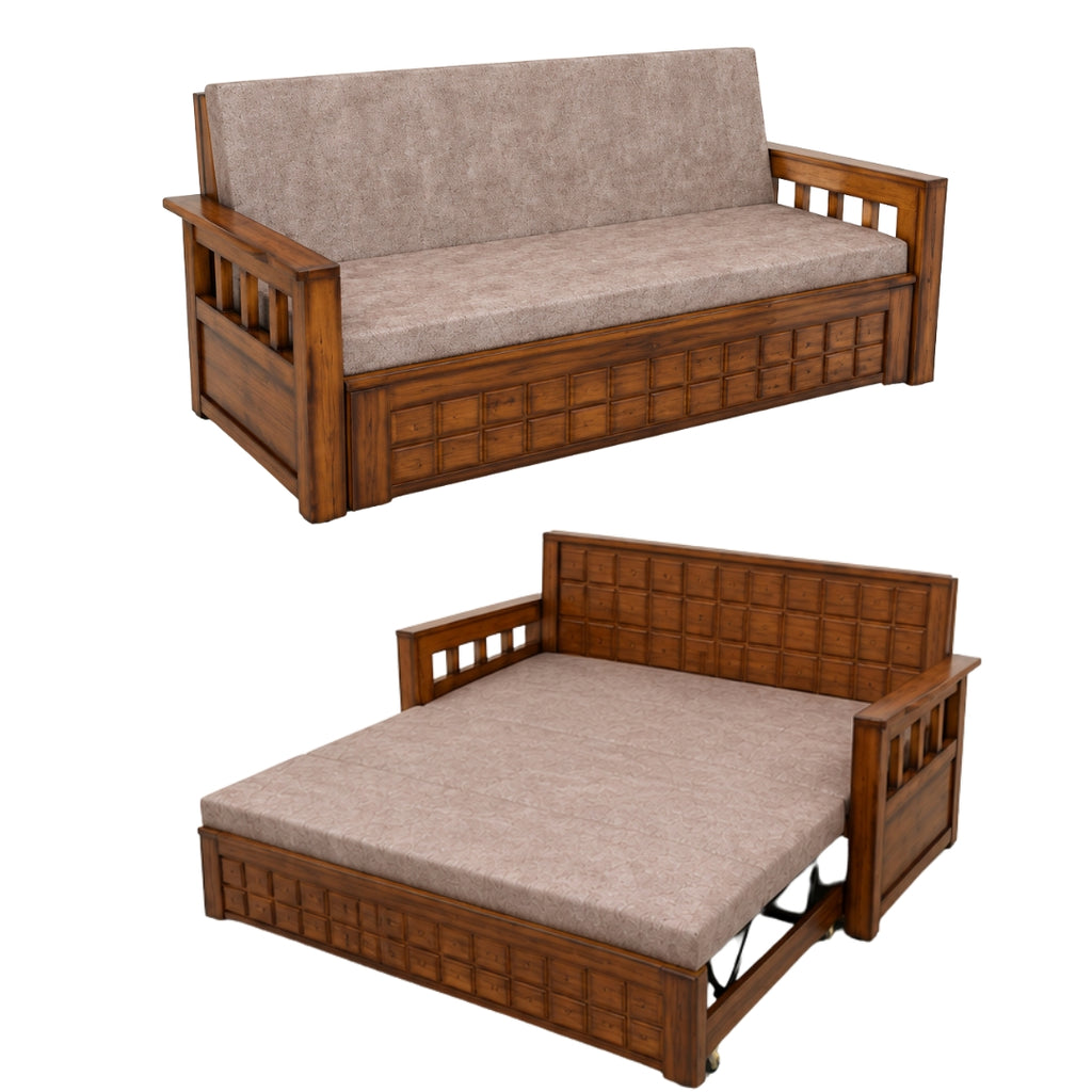 Beige Lattice-Panel Wooden Sofa cum Bed - image 1