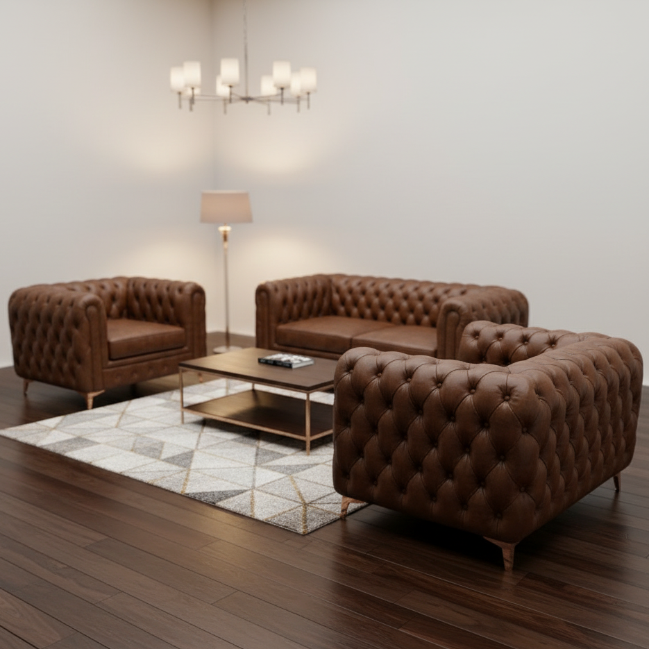 Brown Leather Chesterfield Sofa and Armchair Set