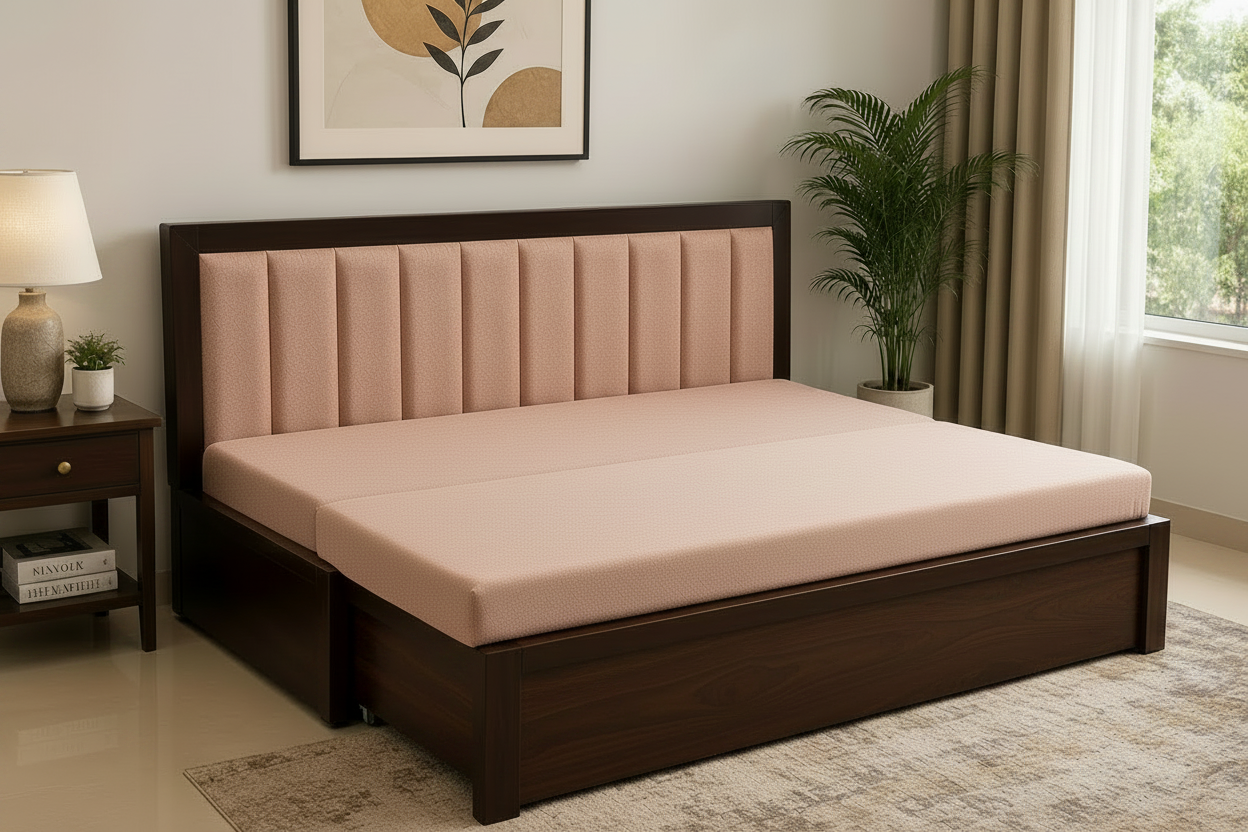 Peach Channel-Tufted Sofa cum Bed